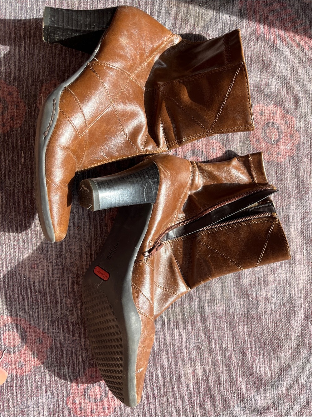 AEROSOLES Cognac Brown Leatherette Ankle Booties with Side Zip